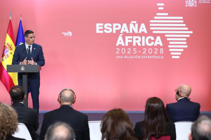 Il presidente del governo, Pedro Sánchez, durante il suo discorso nella presentazione della strategia della Spagna-Africa 2025-2028.